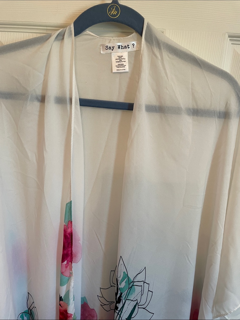 Say What? Sheer White Floral Kimono Wrap with Pink and Green Accents - Picture 2 of 10